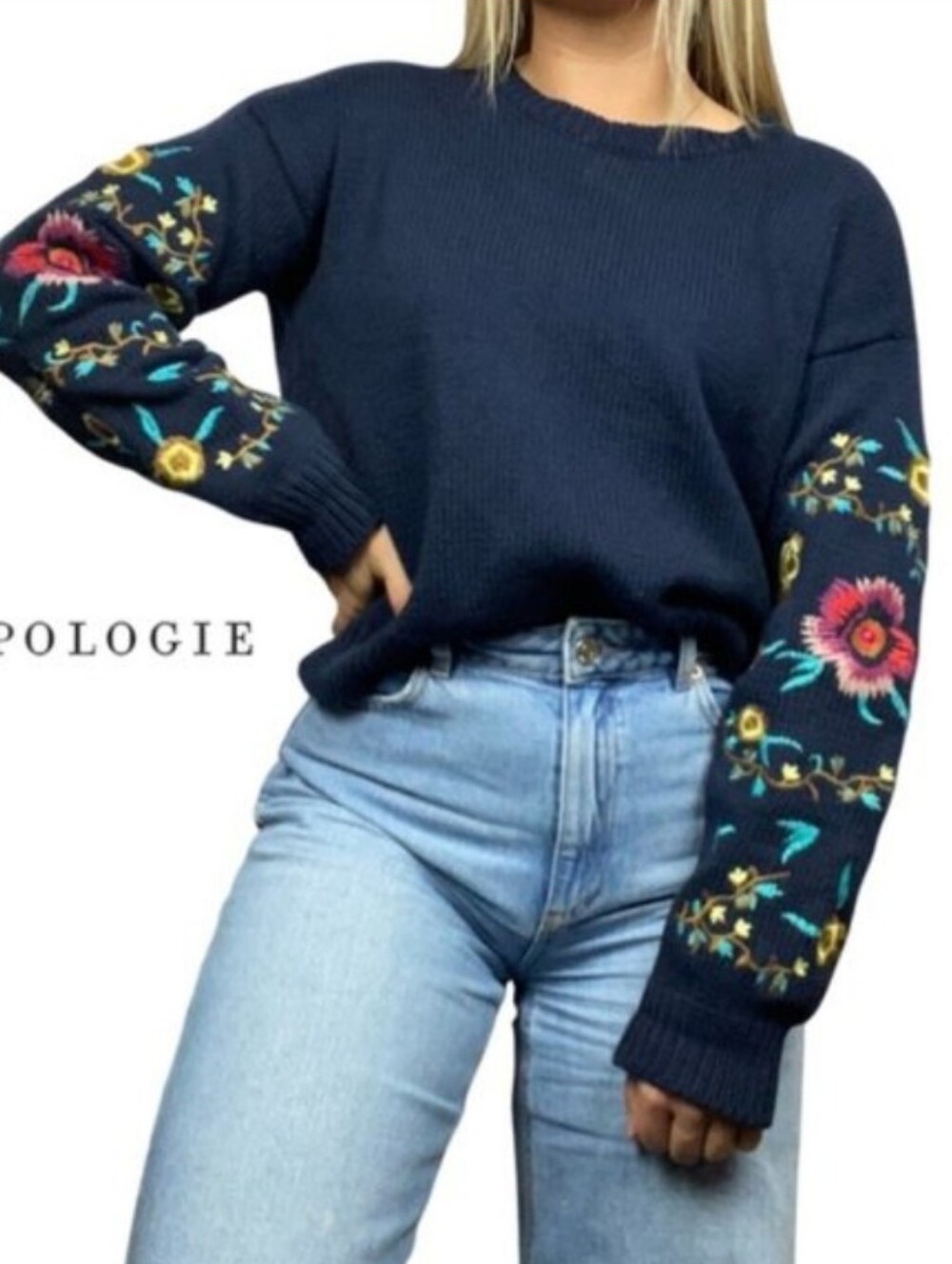 Cloth Navy Blue Embroidered Sleeve Sweater.